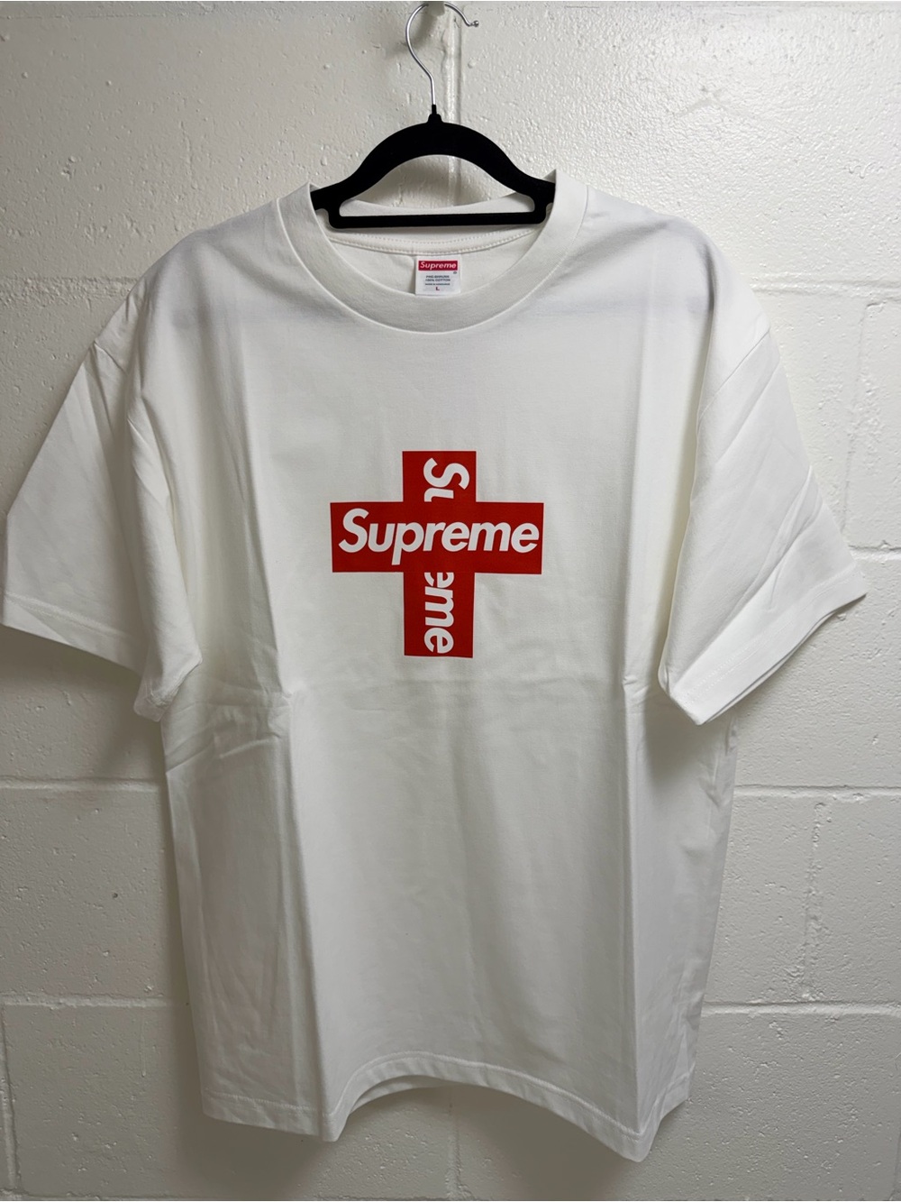 Supreme White Red Cross Logo Tee - Men Size L